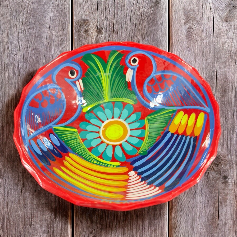 Hand Painted Mexico Pottery Footed Dish Bowl With Painted Birds And Flowers VTG